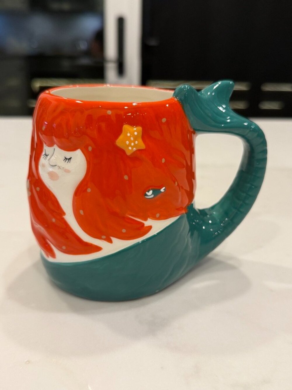 Tag Whimsical Redhead Mermaid 3D Tail Handle Ceramic Mug